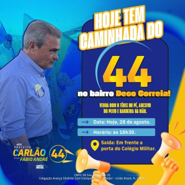 Hoje tem caminhada do 44! Às 16h30, sairemos da porta do Colégio Militar e vamos caminhar pelas ruas do bairro Deco Correia, apresentando nossas propostas e ouvindo cada um de vocês. Conto com a sua presença!